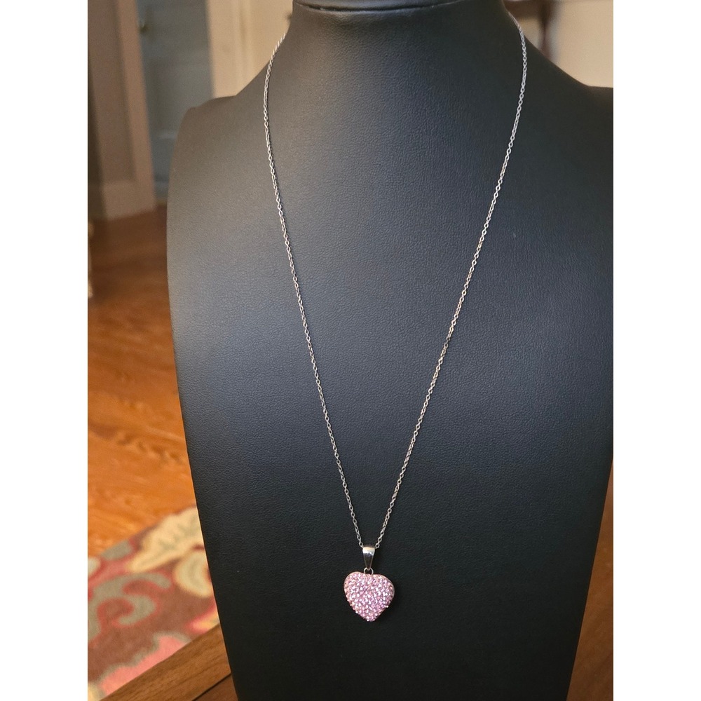 Pink Puffy Heart Pendant Necklace Pink Cubic Zirconia  Sterling Italy Signed PAJ